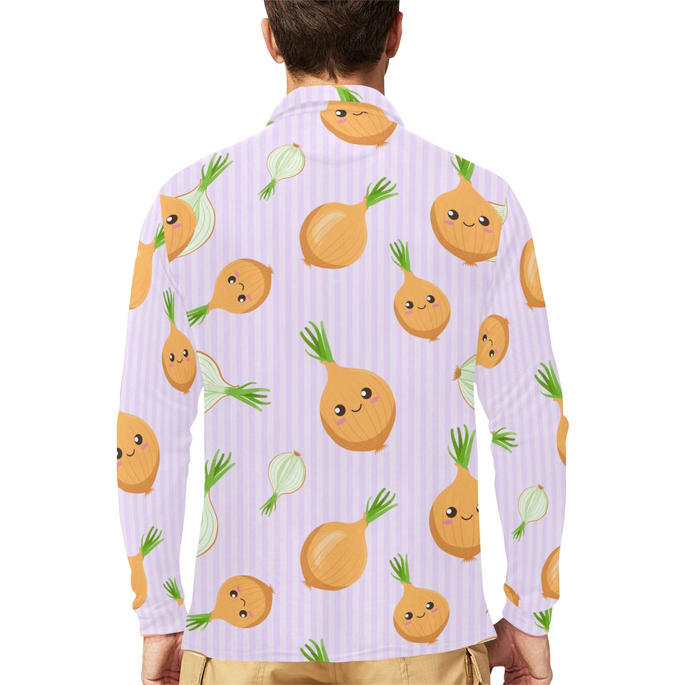 cute onions smiling faces purple background Men's Long Sleeve Polo Shirt