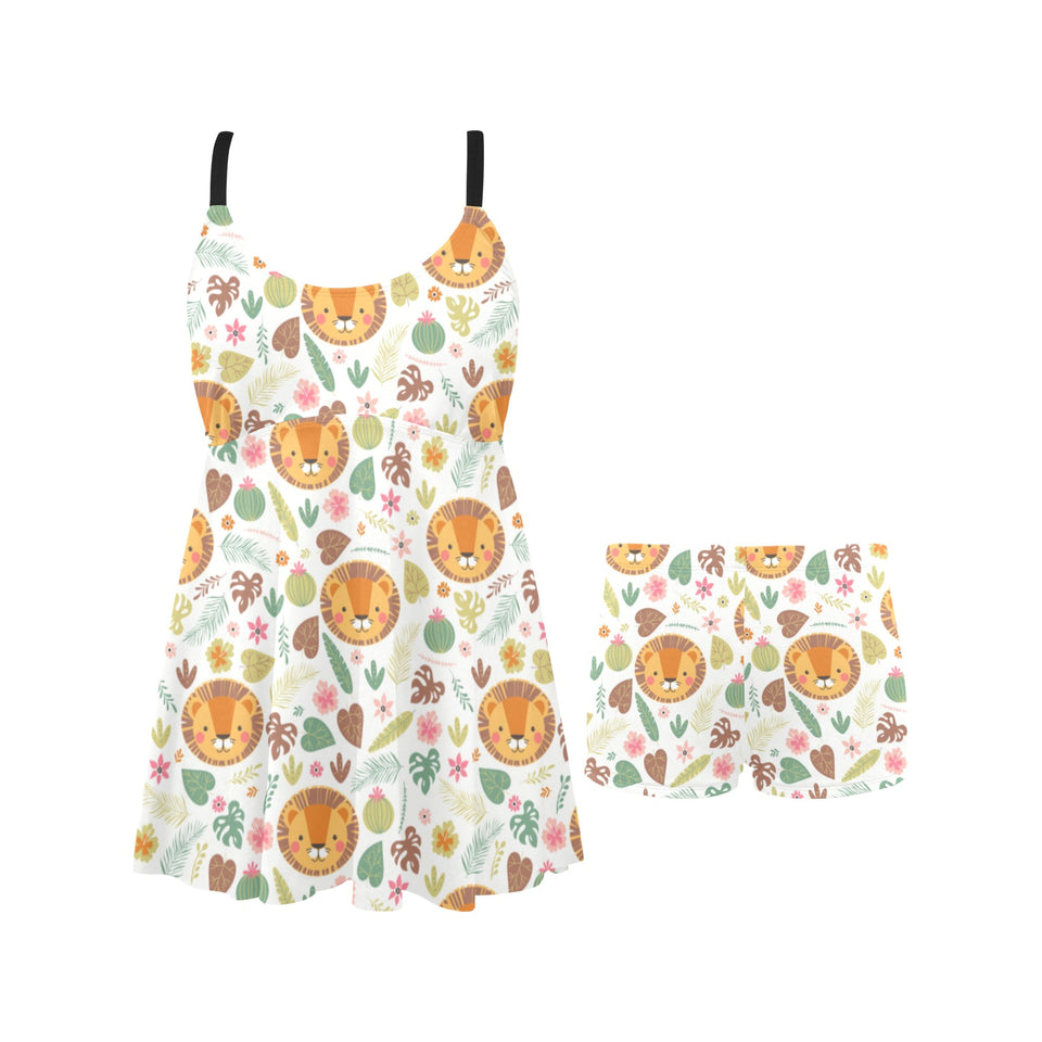 Lion Pattern Print Design 04 Chest Sexy Pleated Two Piece Swim Dress