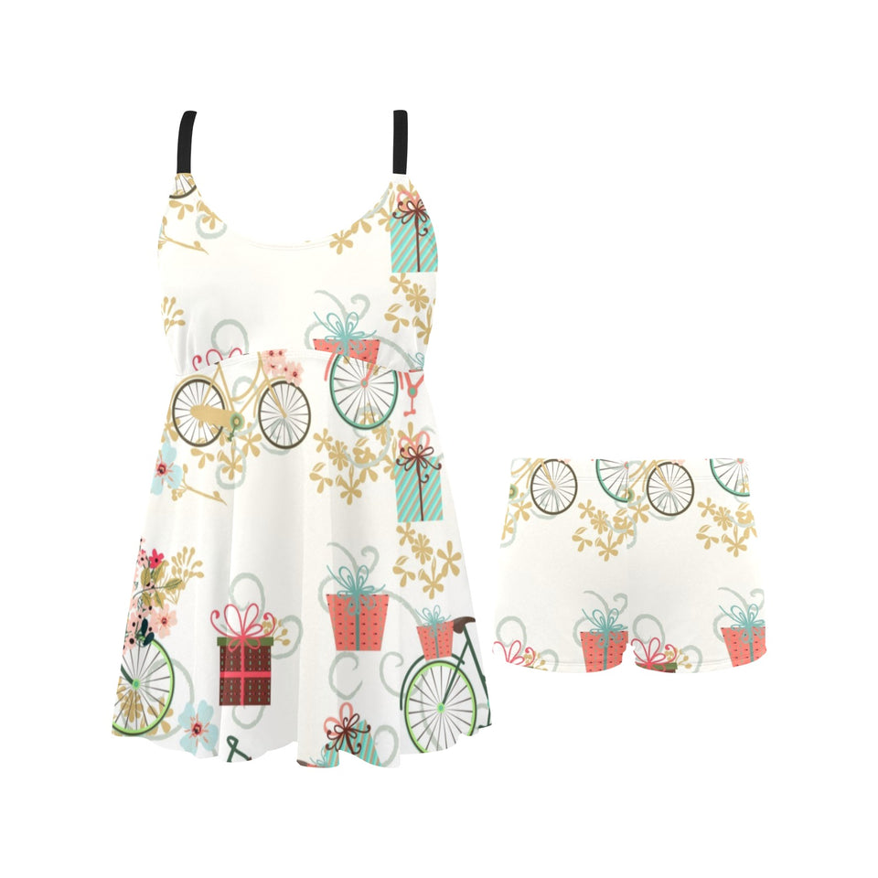 Bicycle Pattern Print Design 05 Chest Sexy Pleated Two Piece Swim Dress