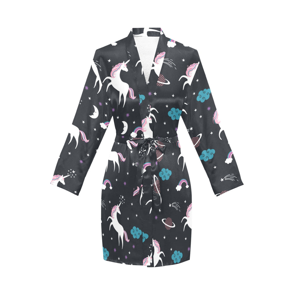 unicorn rainbows moon clound star pattern Women's Long Sleeve Belted Night Robe