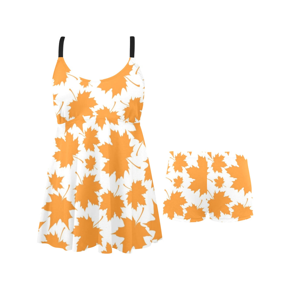 Orange Maple Leaf pattern Chest Sexy Pleated Two Piece Swim Dress