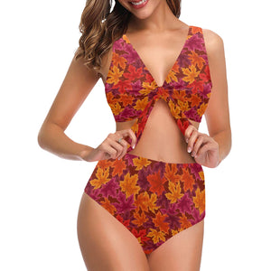 Autumn maple leaf pattern Chest Bowknot High Waisted Bikini Swimsuit
