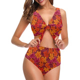 Autumn maple leaf pattern Chest Bowknot High Waisted Bikini Swimsuit