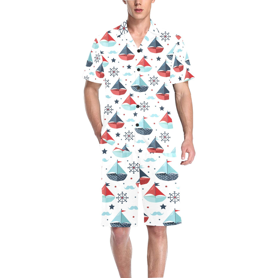 Cute color paper sailboat pattern Men's V-Neck Short Pajama Set