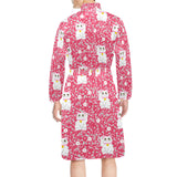 Maneki neko cat sakura pink background Men's Long Sleeve Belted Night Robe