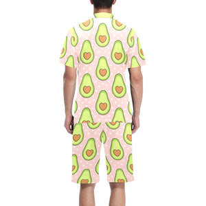 Avocado heart pink background Men's V-Neck Short Pajama Set