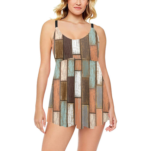 Wood Printed Pattern Print Design 02 Chest Sexy Pleated Two Piece Swim Dress