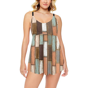 Wood Printed Pattern Print Design 02 Chest Sexy Pleated Two Piece Swim Dress