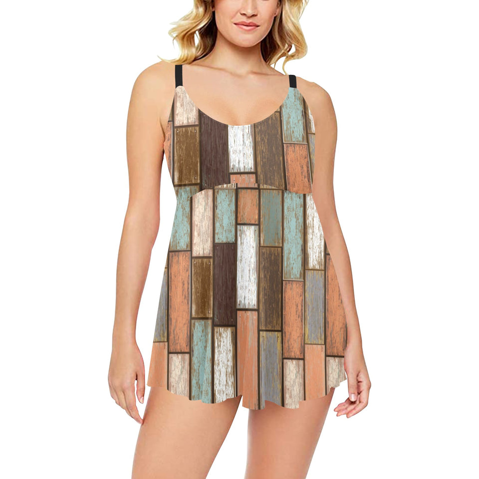 Wood Printed Pattern Print Design 02 Chest Sexy Pleated Two Piece Swim Dress