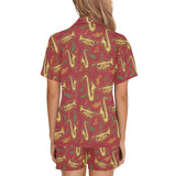 Saxophone cornet pattern red background Women's V-Neck Short Pajama Set
