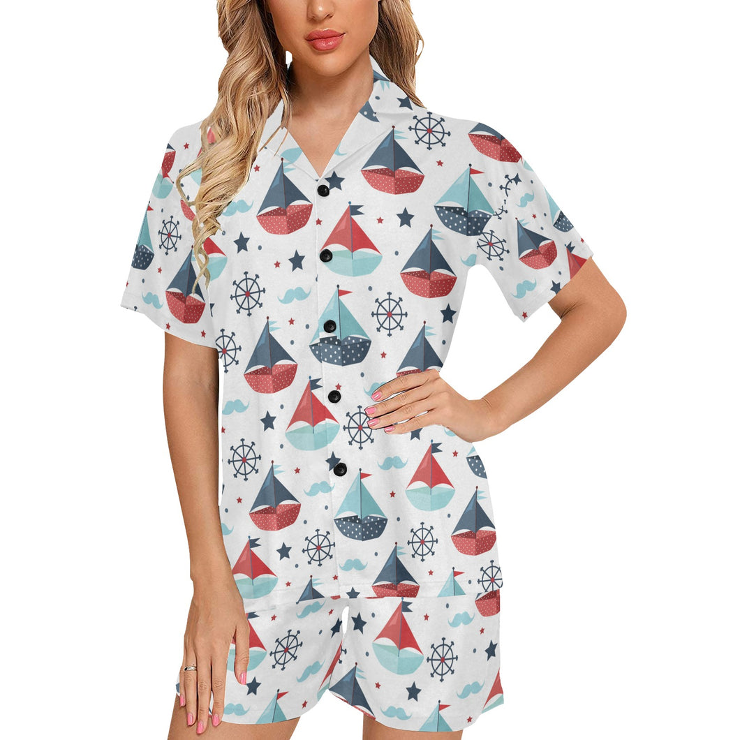 Cute color paper sailboat pattern Women's V-Neck Short Pajama Set