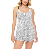 Cartoon hand drawn ice cream black white Chest Sexy Pleated Two Piece Swim Dress