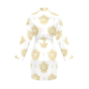 Gold Ornamental lotue waterlily symbol pattern Women's Long Sleeve Belted Night Robe
