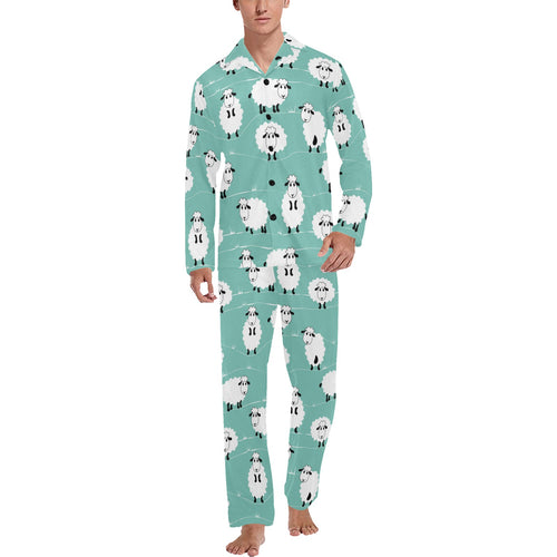 Cute sheep green background Men's Long Pajama Set