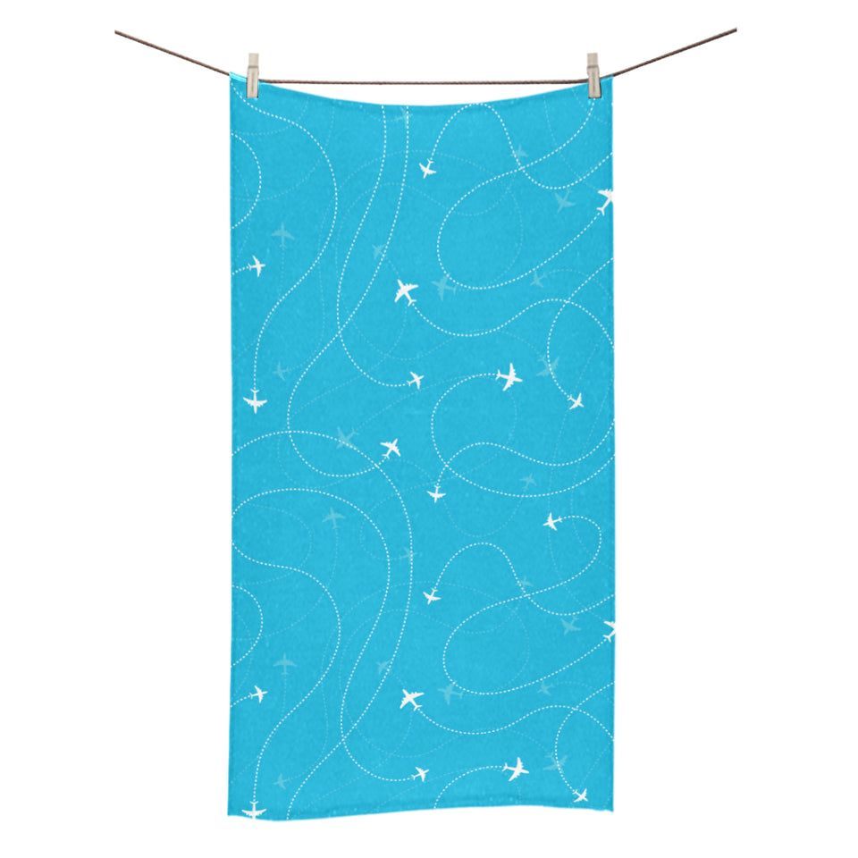 Airplane destinations blue background Bath Towel