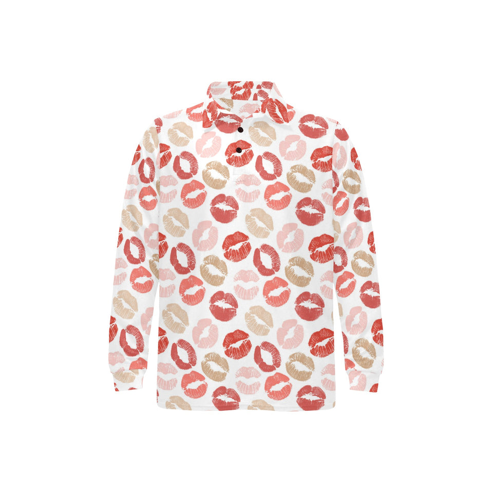 Lips Pattern Print Design 04 Men's Long Sleeve Polo Shirt