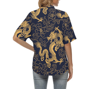 Gold dragon pattern Women's All Over Print Hawaiian Shirt