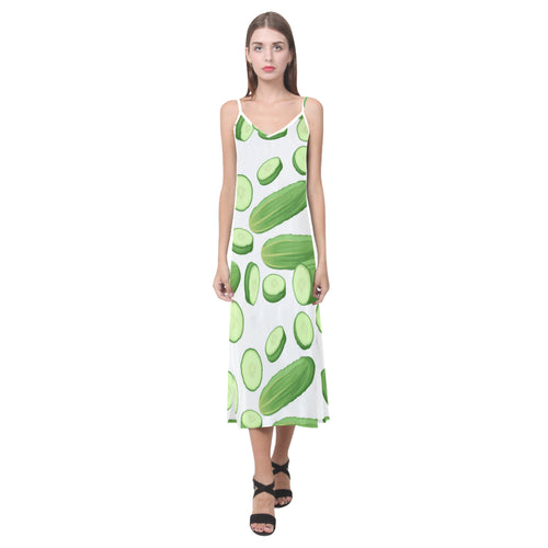cucumber whole slices pattern V-Neck Open Fork Long Dress