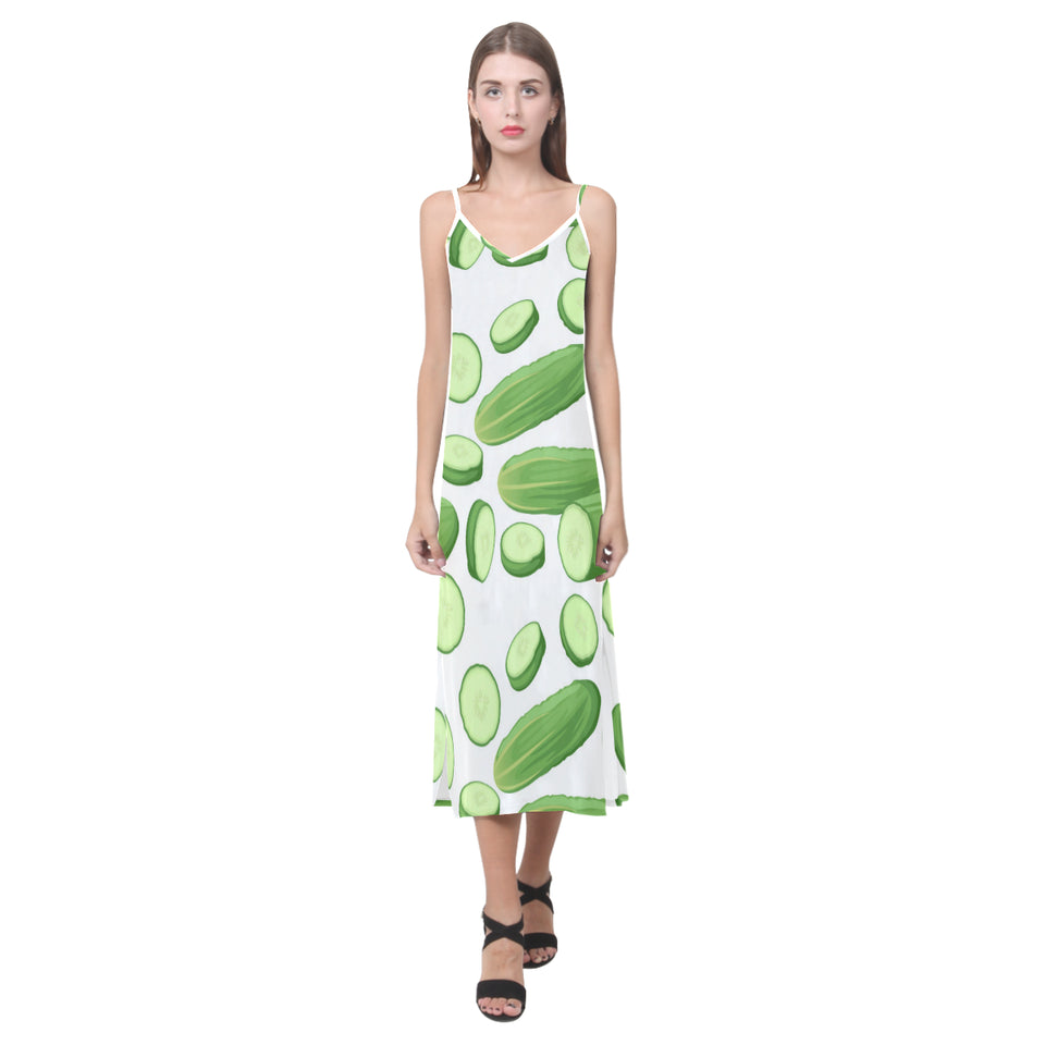 cucumber whole slices pattern V-Neck Open Fork Long Dress