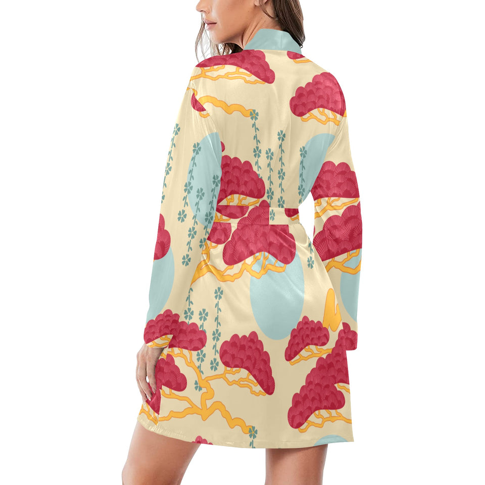 Red Bonsai gray sun japanese pattern Women's Long Sleeve Belted Night Robe
