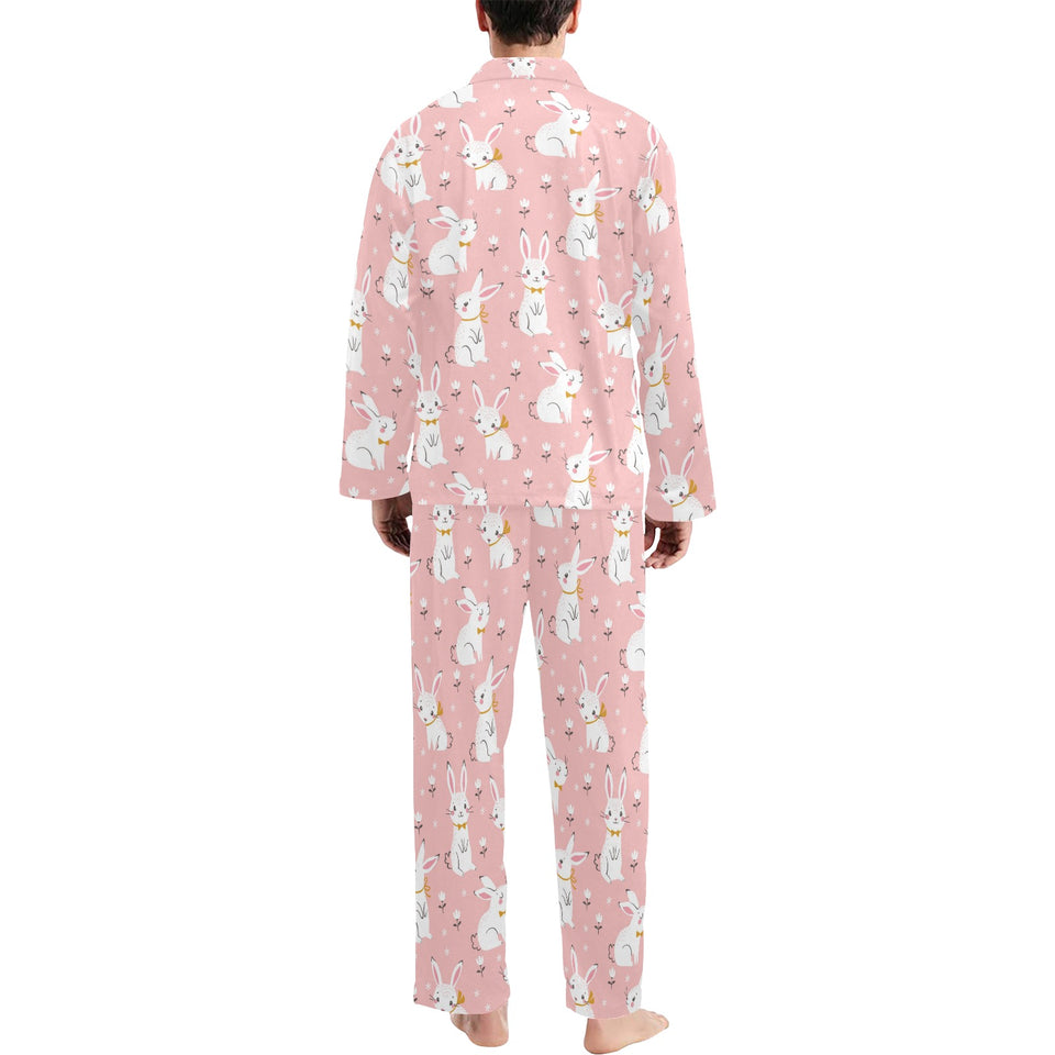 Cute white rabbit flower pink background Men's Long Pajama Set