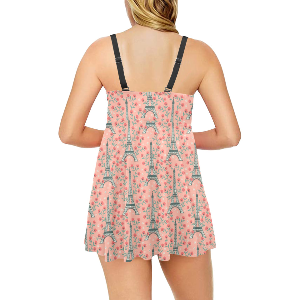 Eiffel Tower Flower Pattern Design 03 Chest Sexy Pleated Two Piece Swim Dress