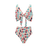 Red Blue guitar pattern Chest Bowknot High Waisted Bikini Swimsuit