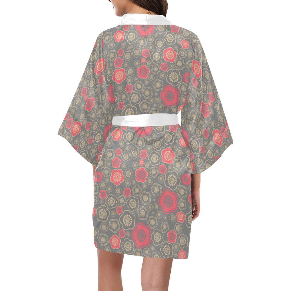 Red gold Sakura cherry blossom gray background Women's Short Kimono Robe
