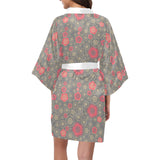 Red gold Sakura cherry blossom gray background Women's Short Kimono Robe