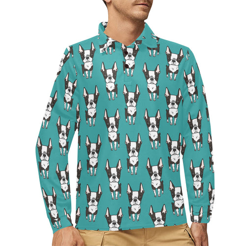 Hand drawn boston terrier dog pattern Men's Long Sleeve Polo Shirt