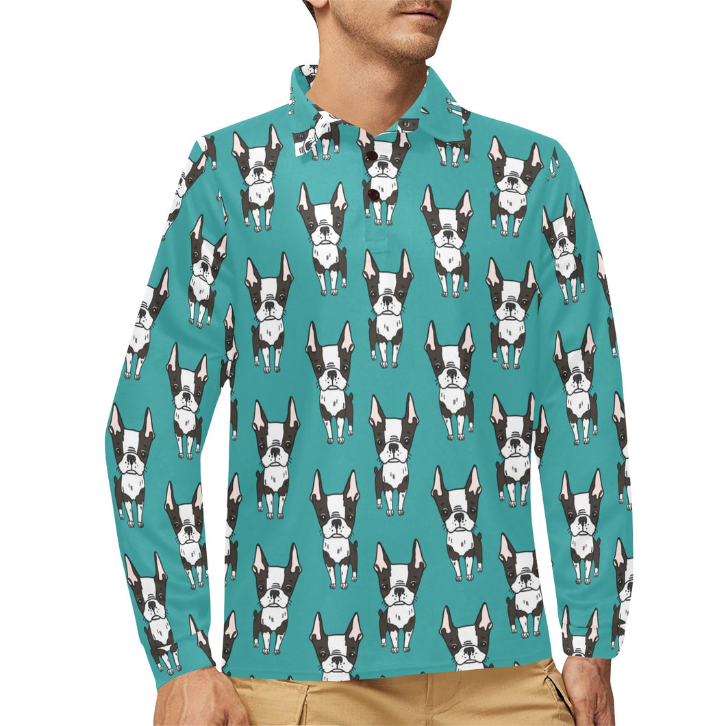 Hand drawn boston terrier dog pattern Men's Long Sleeve Polo Shirt