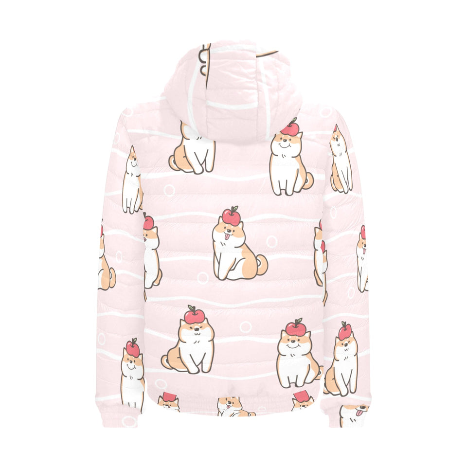 Cute Shiba Inu Dog Apple pattern Men's Padded Hooded Jacket