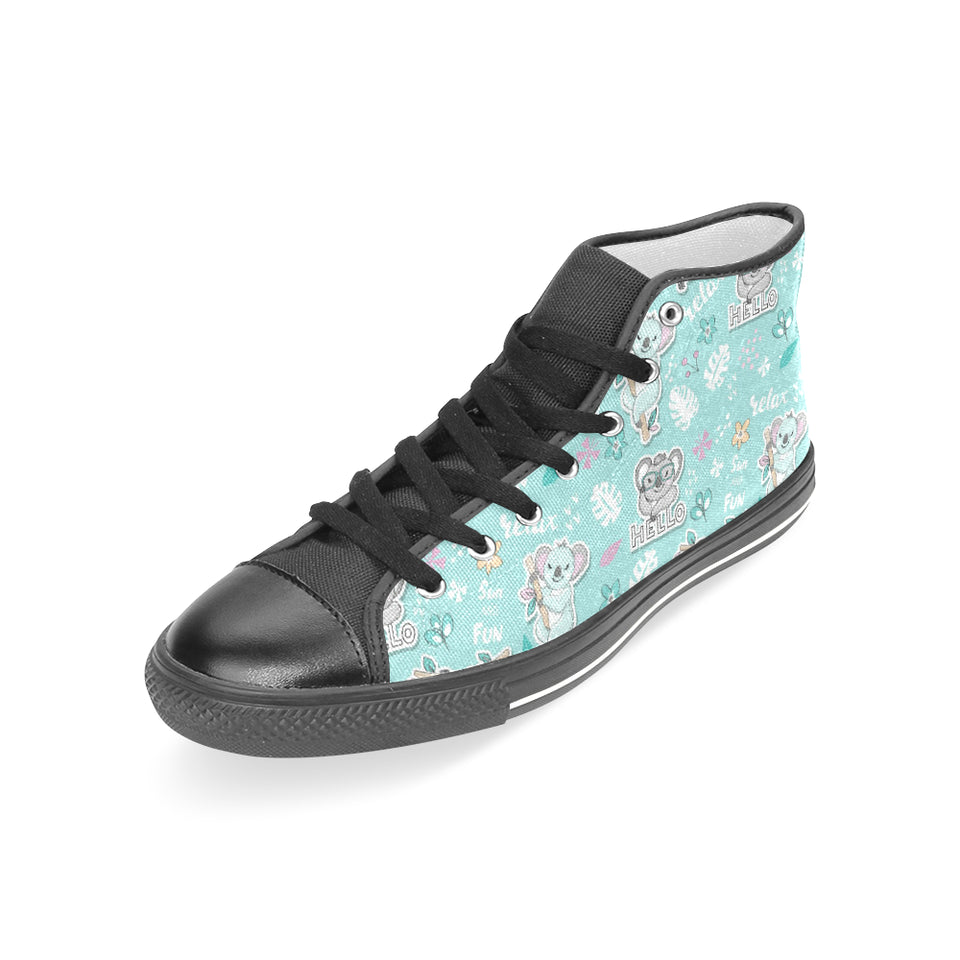 Cute koalas blue background pattern Women's High Top Canvas Shoes Black