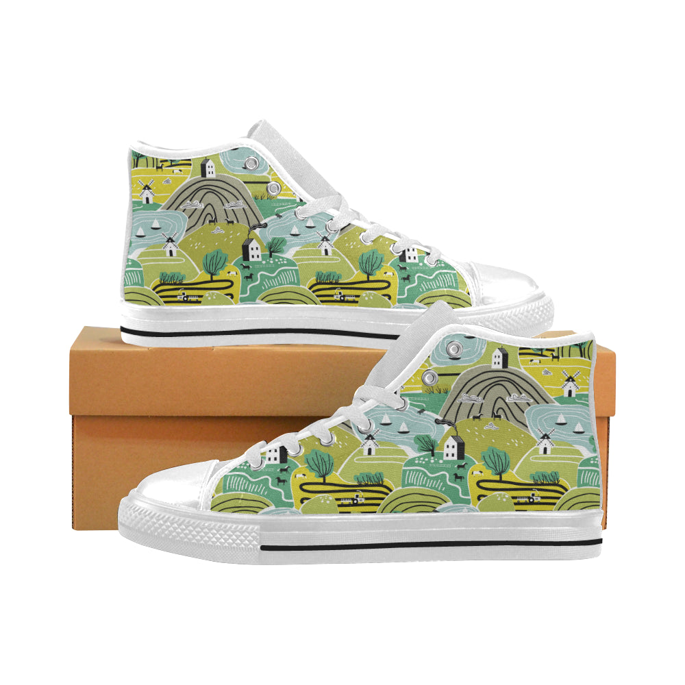 Hand drawn windmill pattern Men's High Top Canvas Shoes White