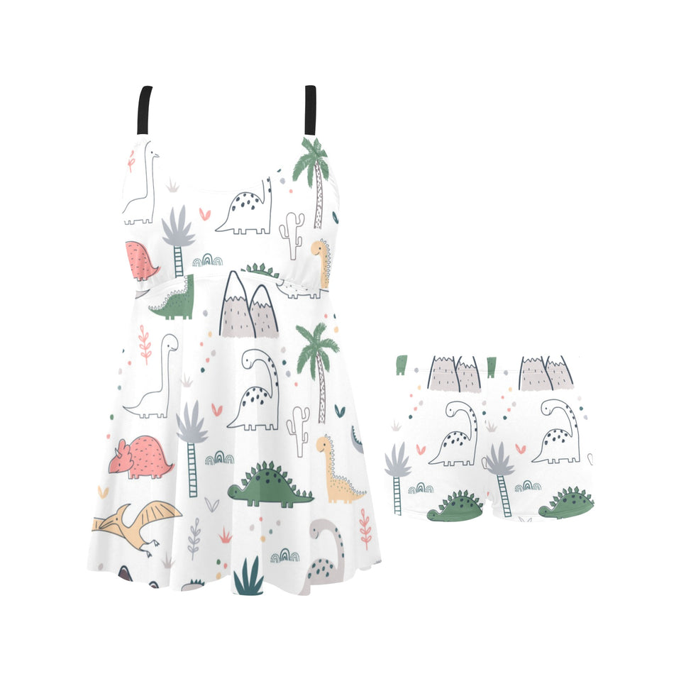 Cute cartoon dinosaurs tree pattern Chest Sexy Pleated Two Piece Swim Dress