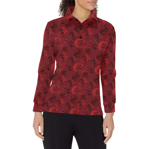 Rose Pattern Print Design 03 Women's Long Sleeve Polo Shirt
