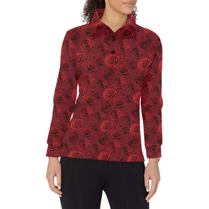 Rose Pattern Print Design 03 Women's Long Sleeve Polo Shirt