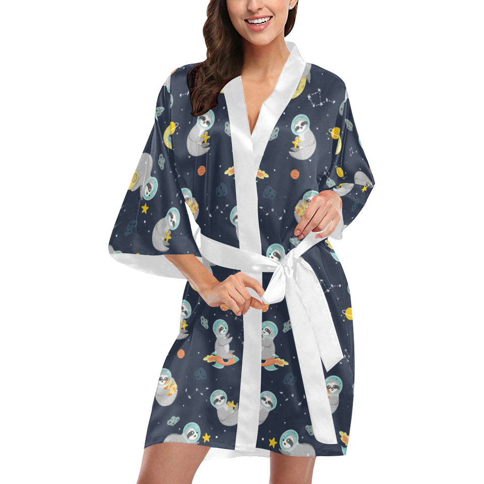 Cute sloth astronaut star planet rocket pattern Women's Short Kimono Robe