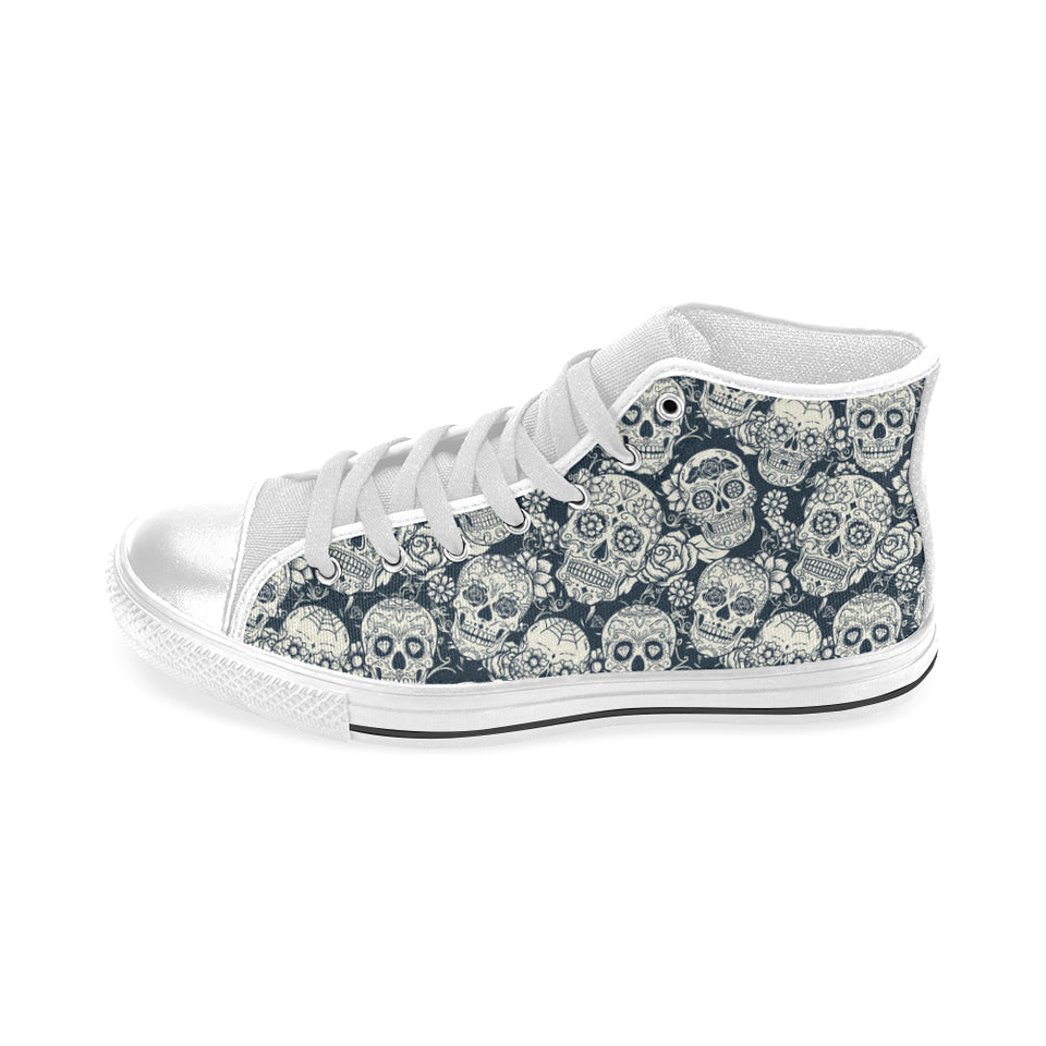 Sugar skull black white pattern Men's High Top Canvas Shoes White