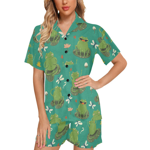 Cute frog dragonfly design pattern Women's V-Neck Short Pajama Set
