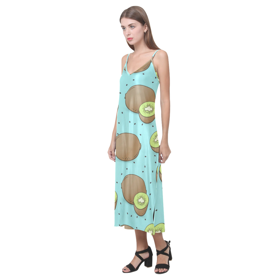 Kiwi blue background V-Neck Open Fork Long Dress