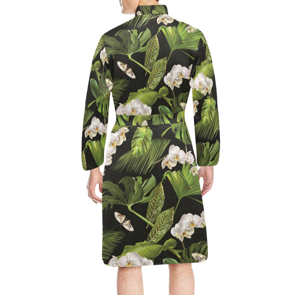 White orchid flower tropical leaves pattern blackg Men's Long Sleeve Belted Night Robe