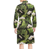 White orchid flower tropical leaves pattern blackg Men's Long Sleeve Belted Night Robe