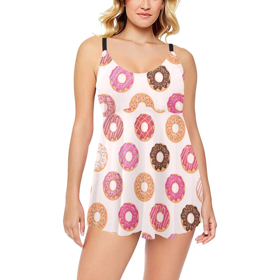 Colorful donut pattern Chest Sexy Pleated Two Piece Swim Dress