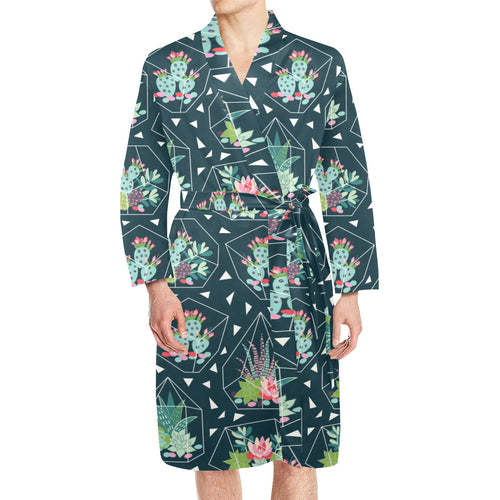 Cactus glass terrarium pattern Men's Long Sleeve Belted Night Robe