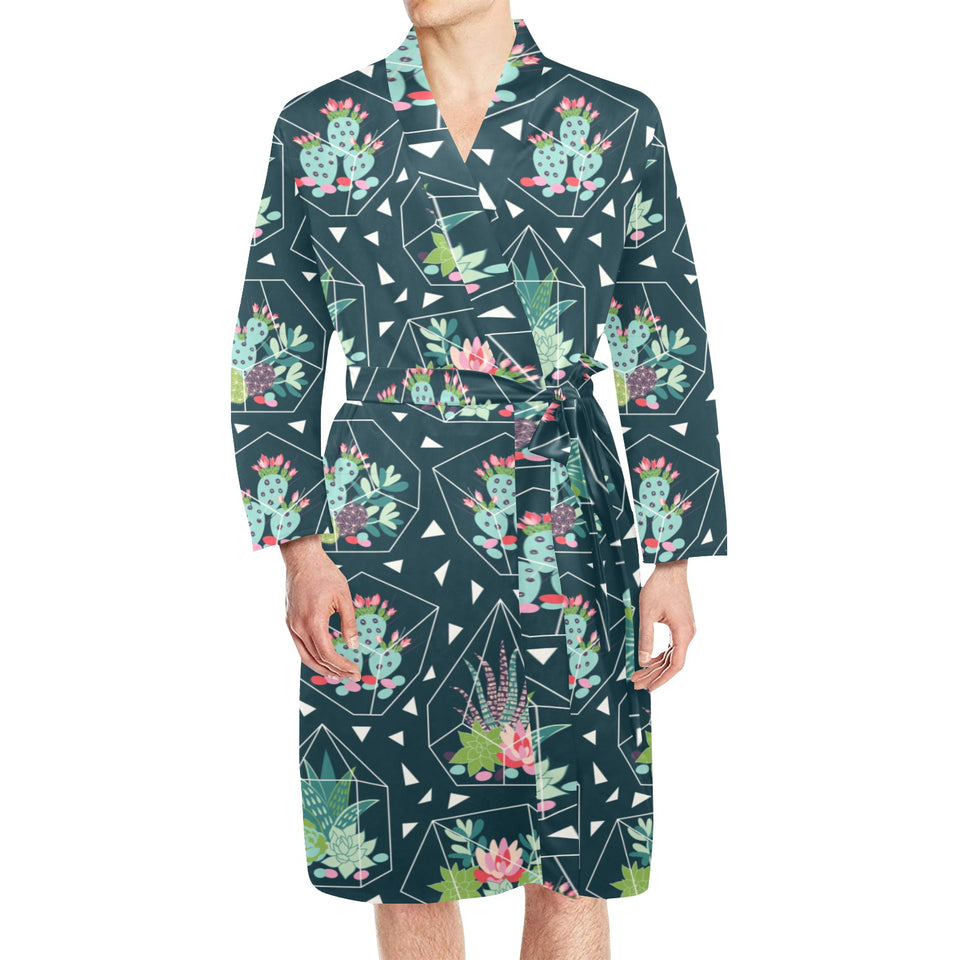 Cactus glass terrarium pattern Men's Long Sleeve Belted Night Robe