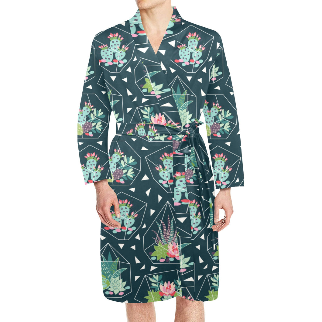 Cactus glass terrarium pattern Men's Long Sleeve Belted Night Robe