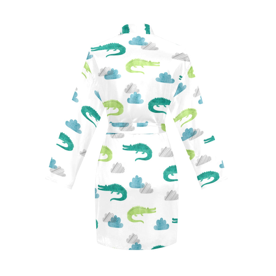 watercolor crocodile pattern Women's Long Sleeve Belted Night Robe