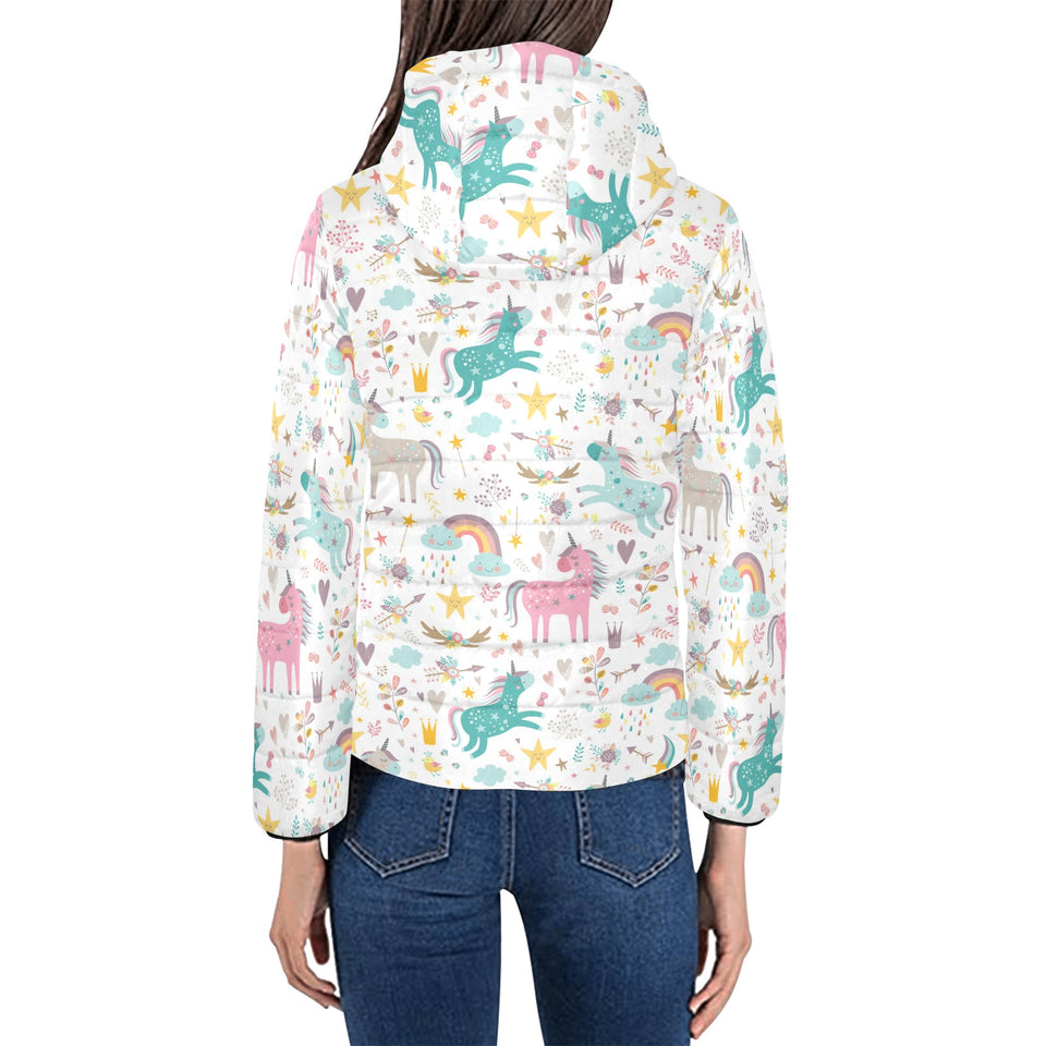 Colorful unicorn pattern Women's Padded Hooded Jacket