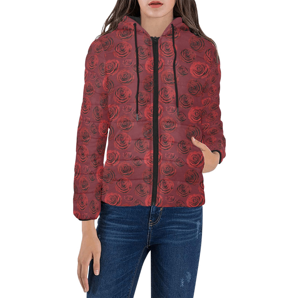 Rose Pattern Print Design 03 Women's Padded Hooded Jacket